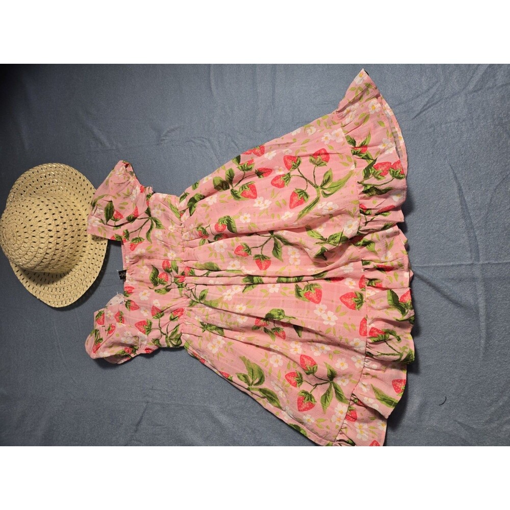 Toddler Girls Pink Strawberry Print Flutter-Sleeve Smocked Dress Sz 4 - Picture 7 of 11